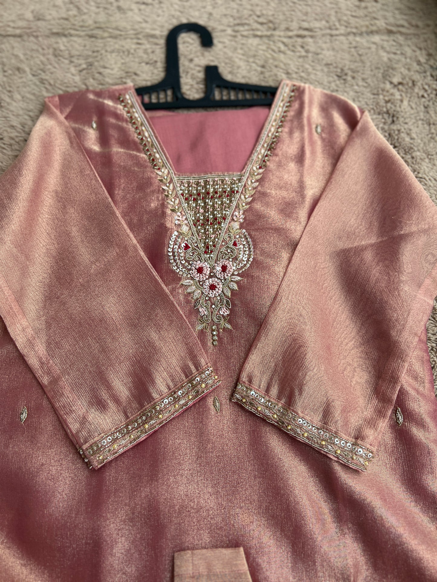 Shimmer Tissue Handworked Salwar Suit with Organza Dupatta – Festive Elegance