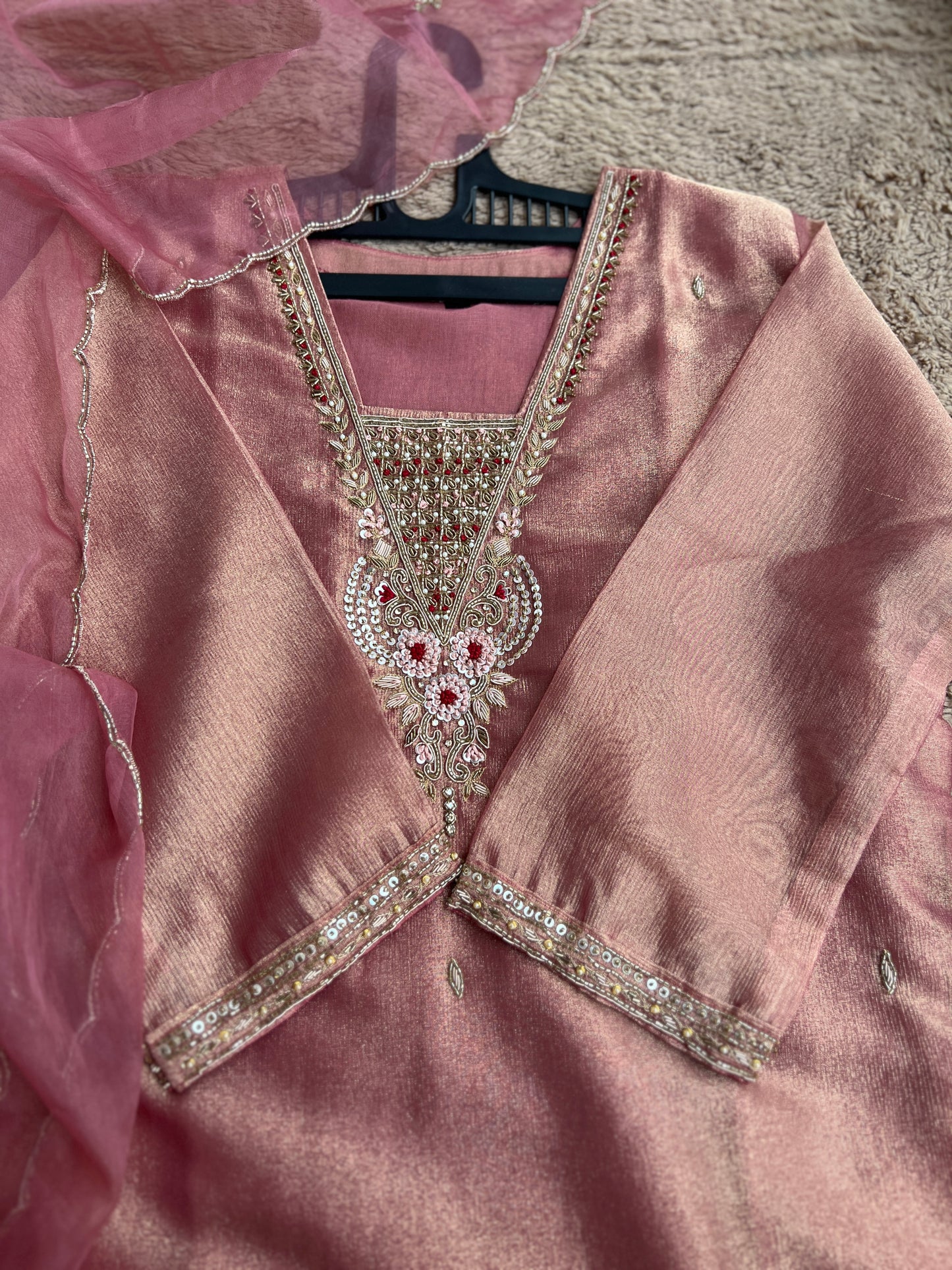 Shimmer Tissue Handworked Salwar Suit with Organza Dupatta – Festive Elegance