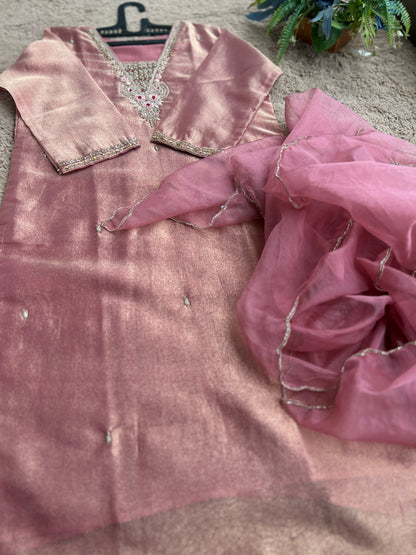 Shimmer Tissue Handworked Salwar Suit with Organza Dupatta – Festive Elegance
