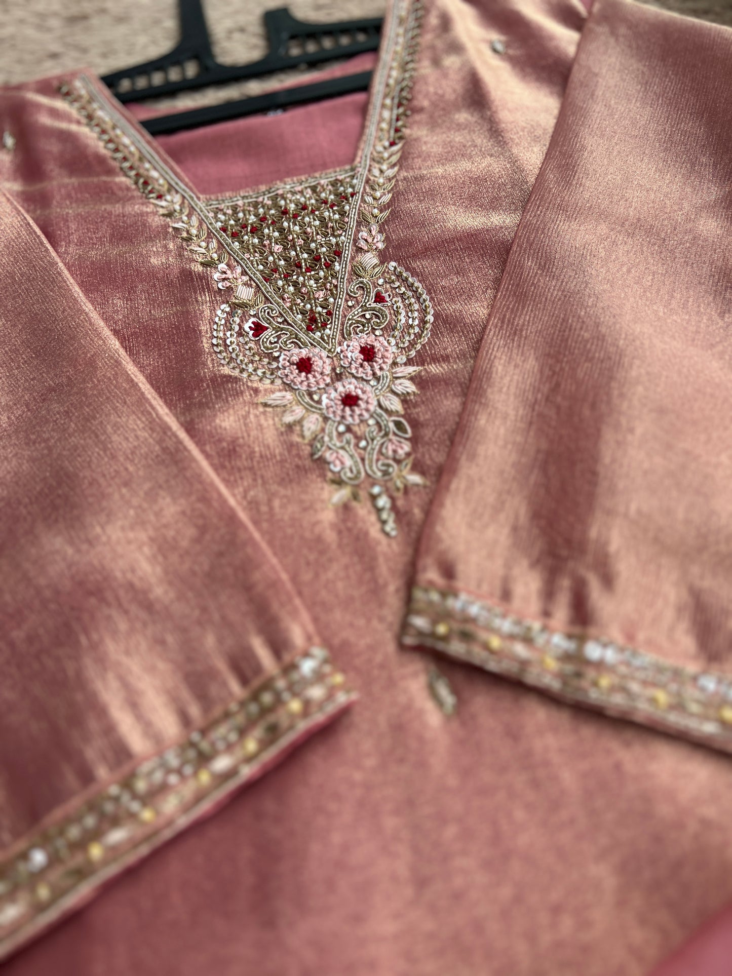 Shimmer Tissue Handworked Salwar Suit with Organza Dupatta – Festive Elegance