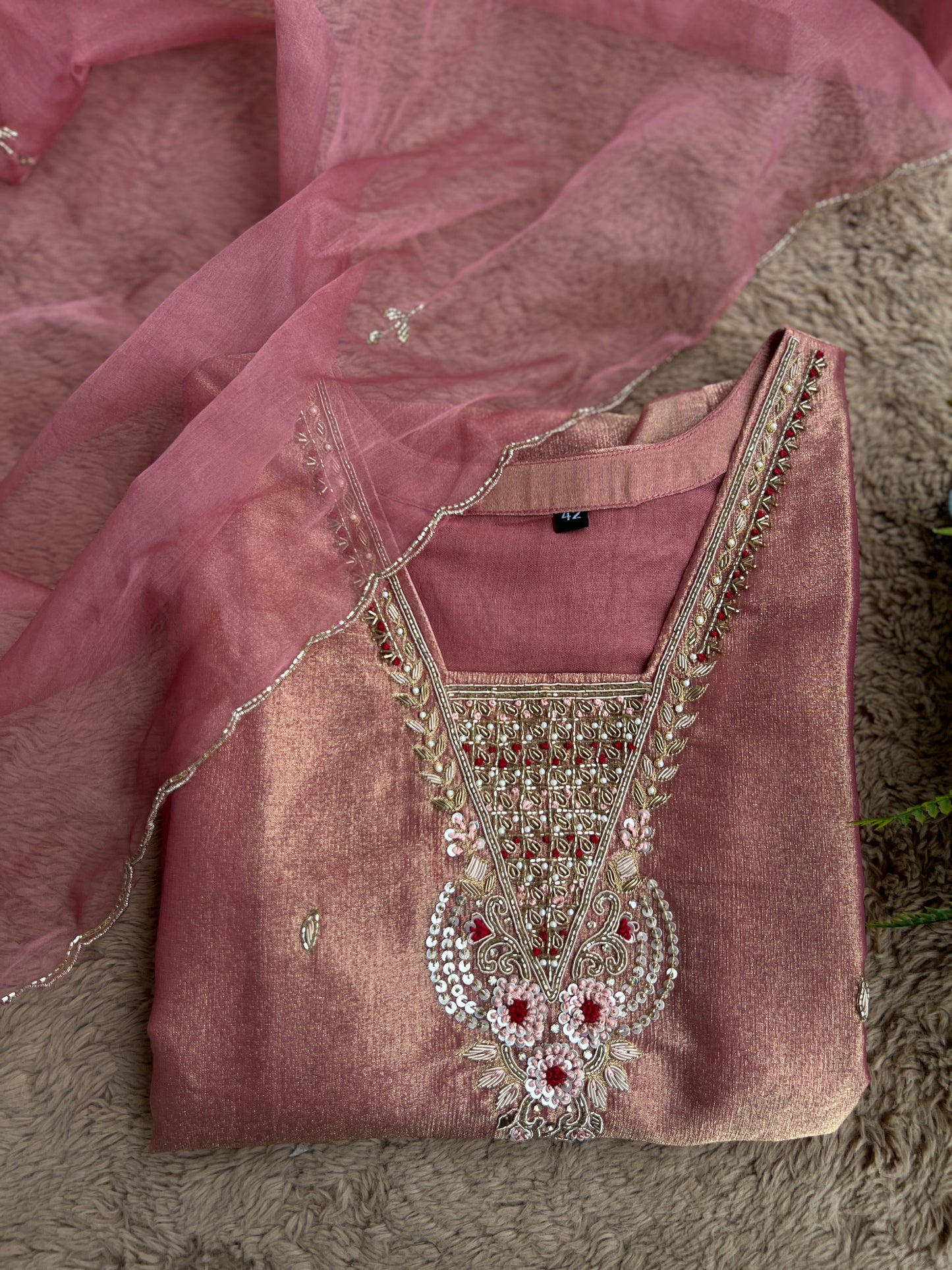 Shimmer Tissue Handworked Salwar Suit with Organza Dupatta – Festive Elegance