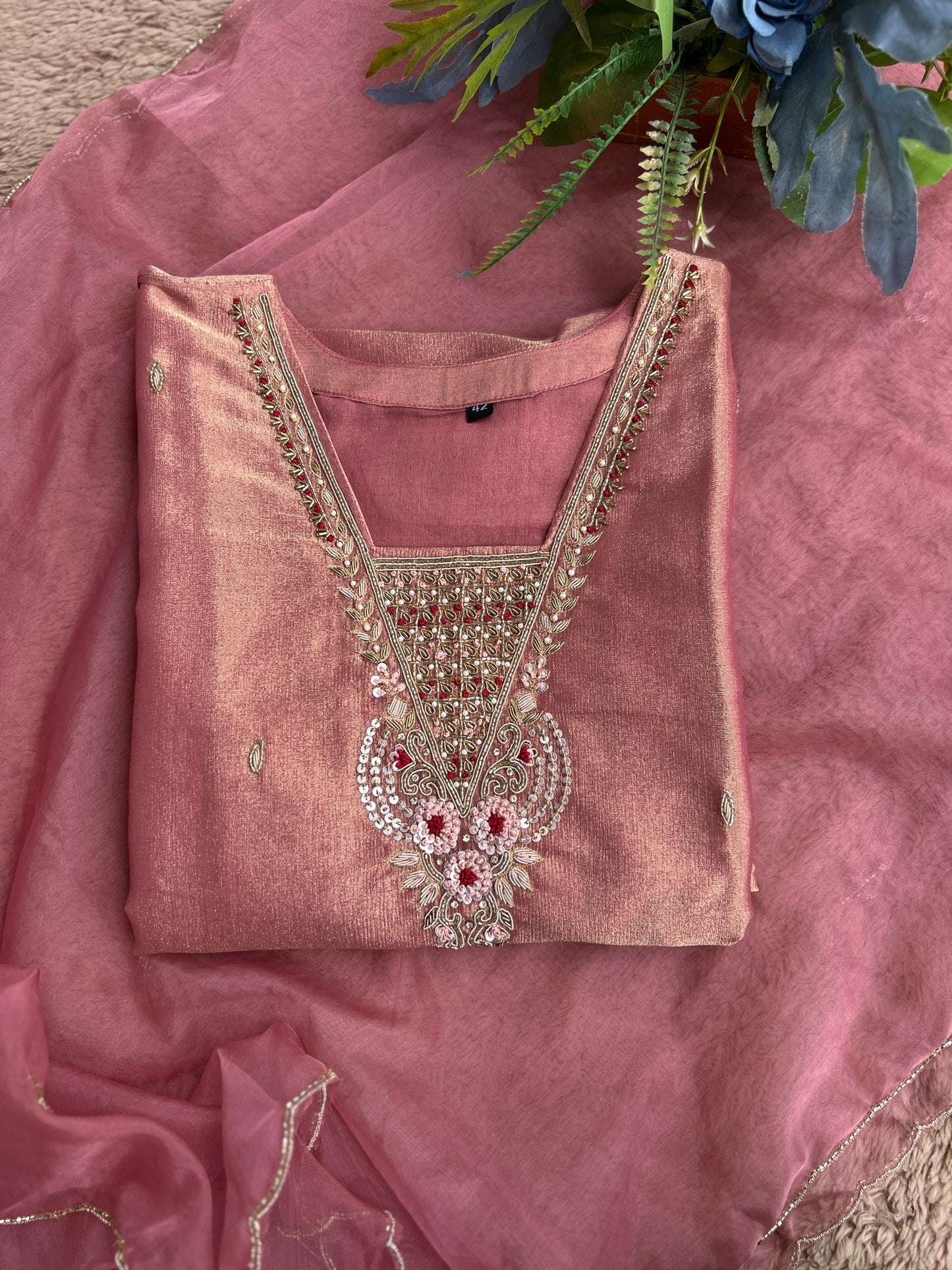 Shimmer Tissue Handworked Salwar Suit with Organza Dupatta – Festive Elegance