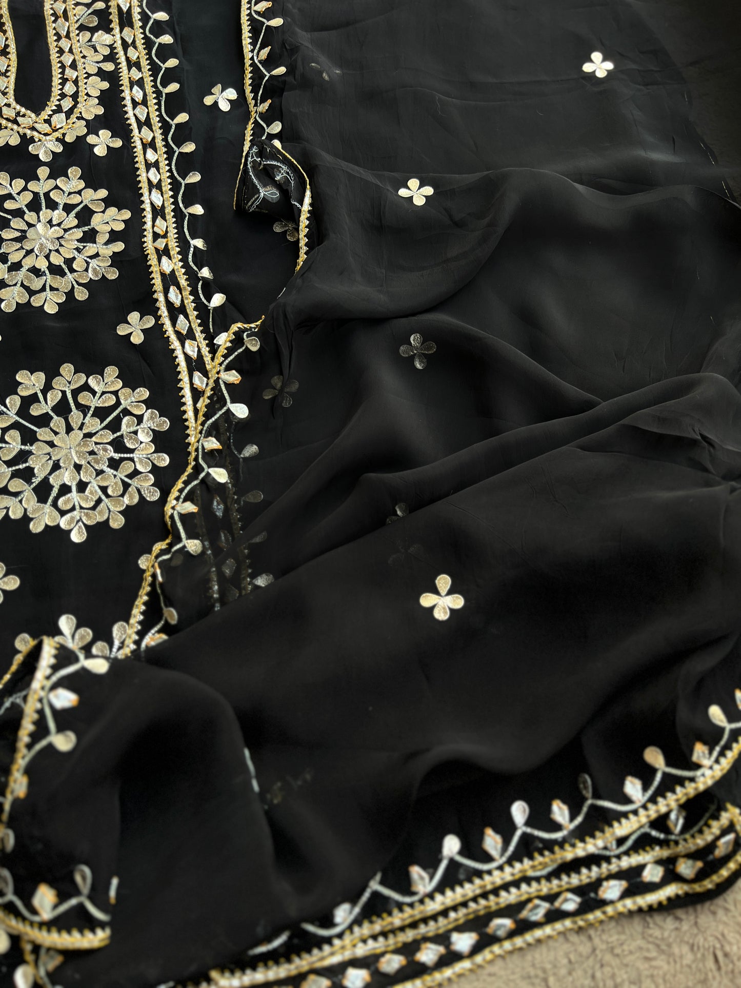 Designer Viscose Organza Ensemble with Heavy Gota Patti Embellished Neckline