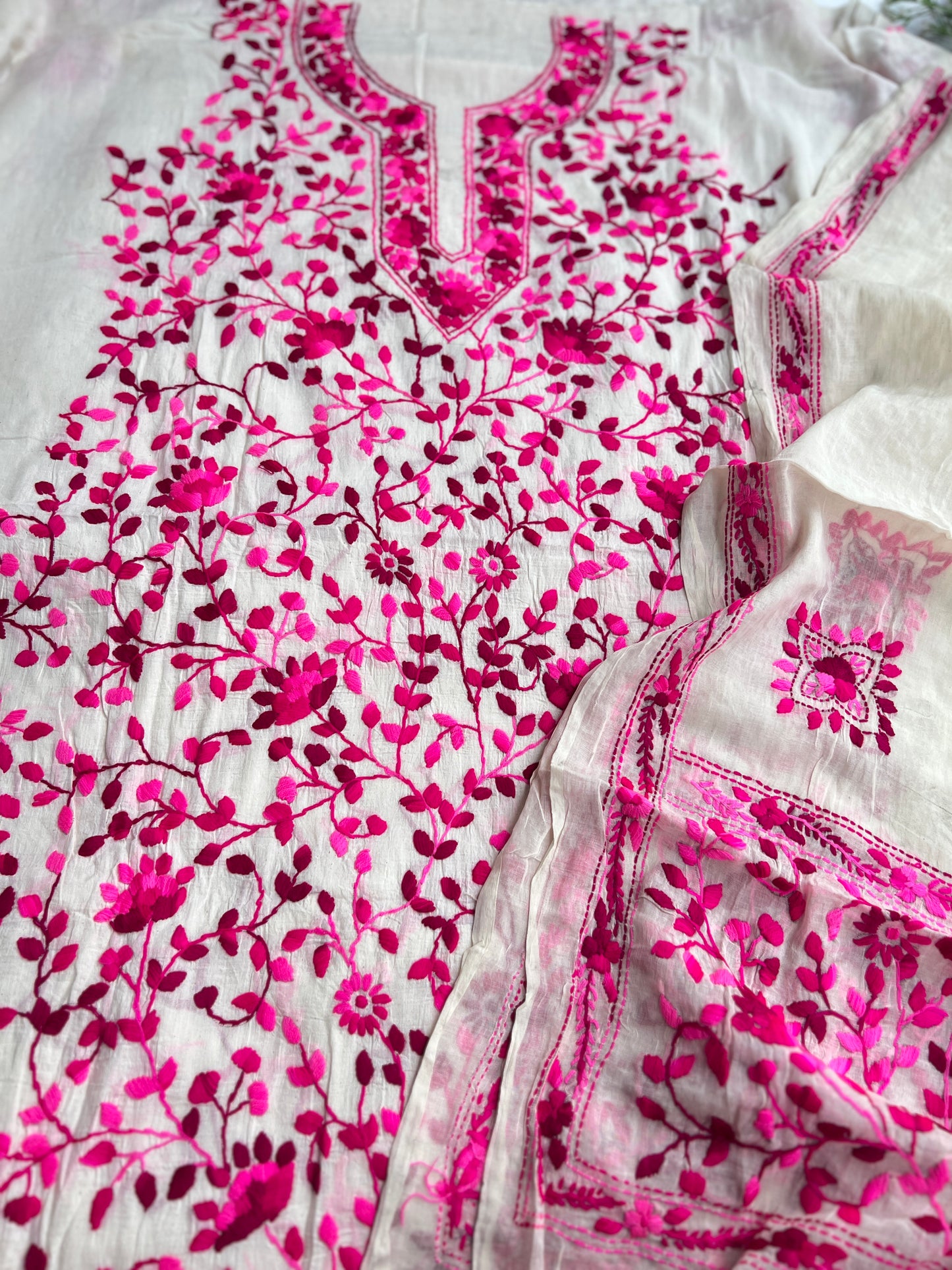 Ivory and Fuchsia Pink Floral Hand-Embroidered Suit Set