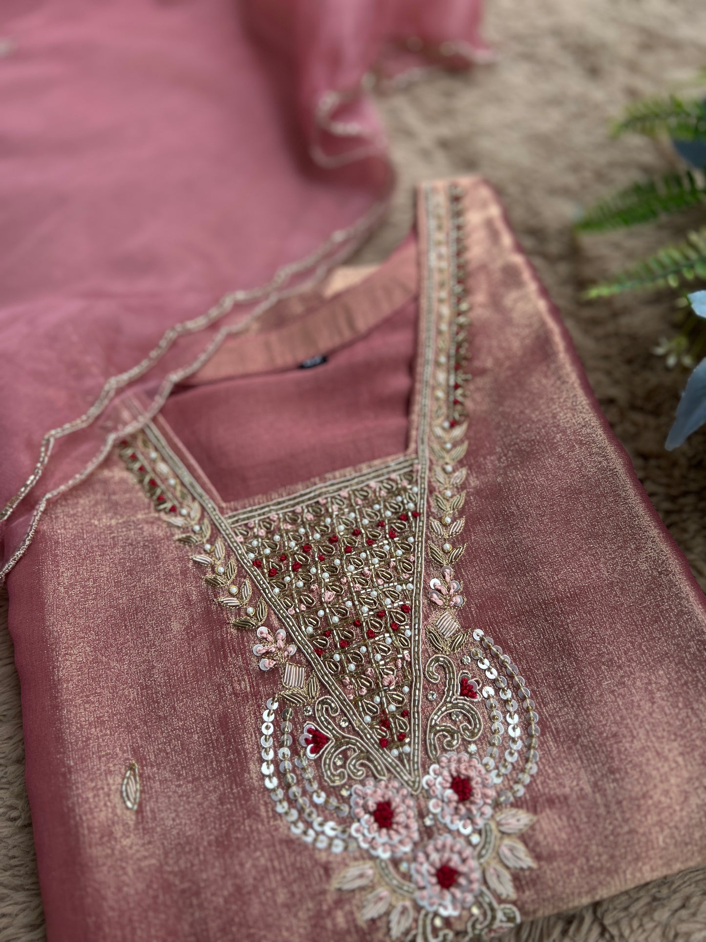 Shimmer Tissue Handworked Salwar Suit with Organza Dupatta – Festive Elegance