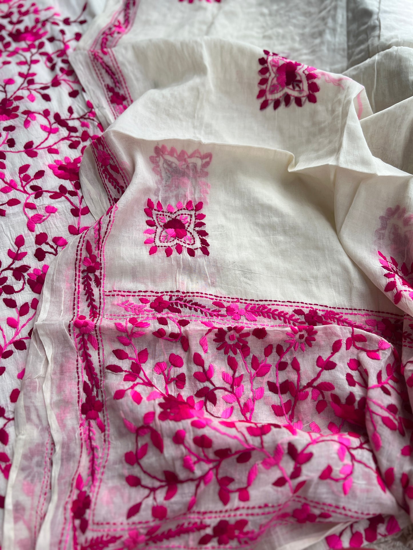 Ivory and Fuchsia Pink Floral Hand-Embroidered Suit Set