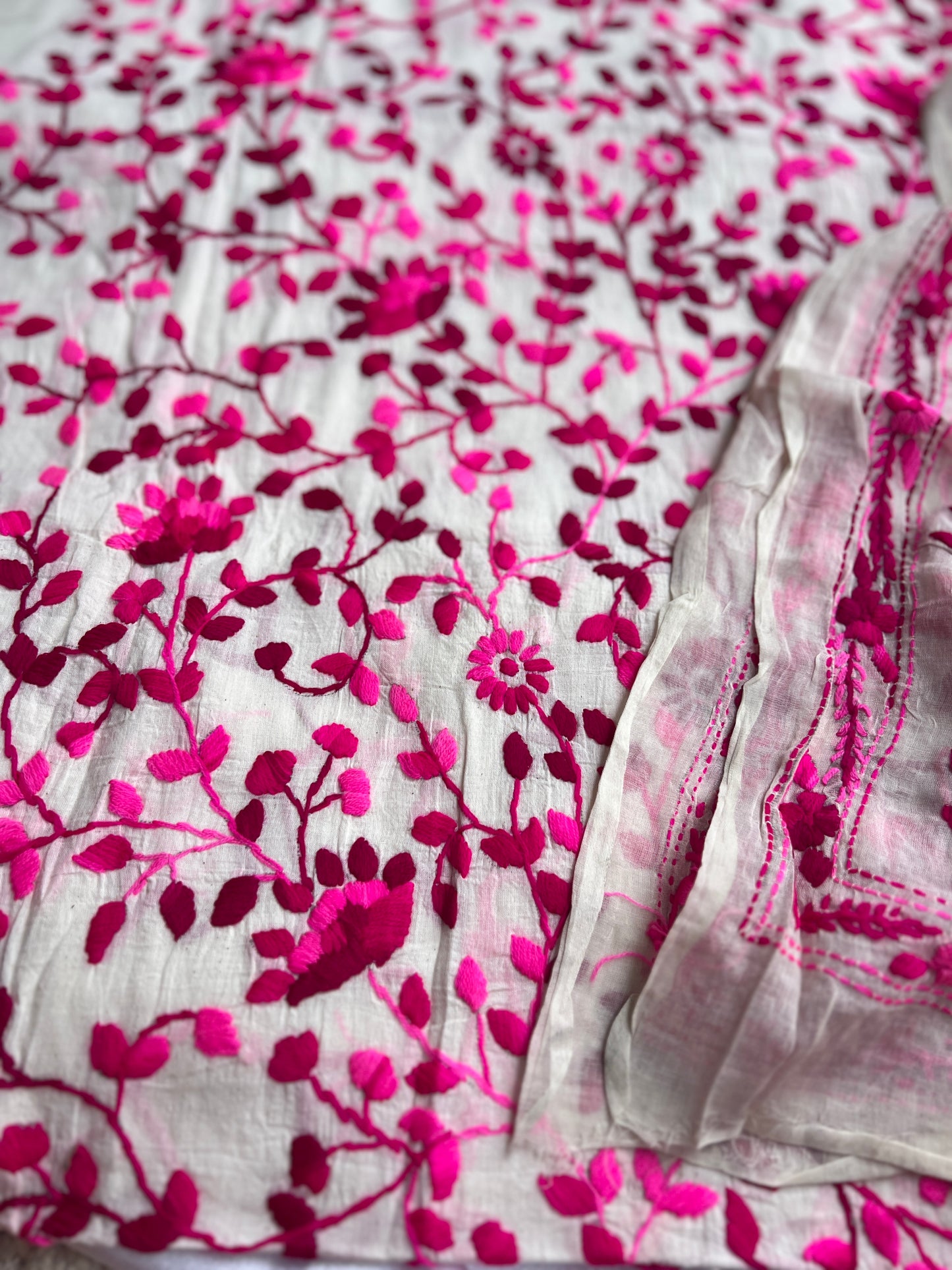 Ivory and Fuchsia Pink Floral Hand-Embroidered Suit Set