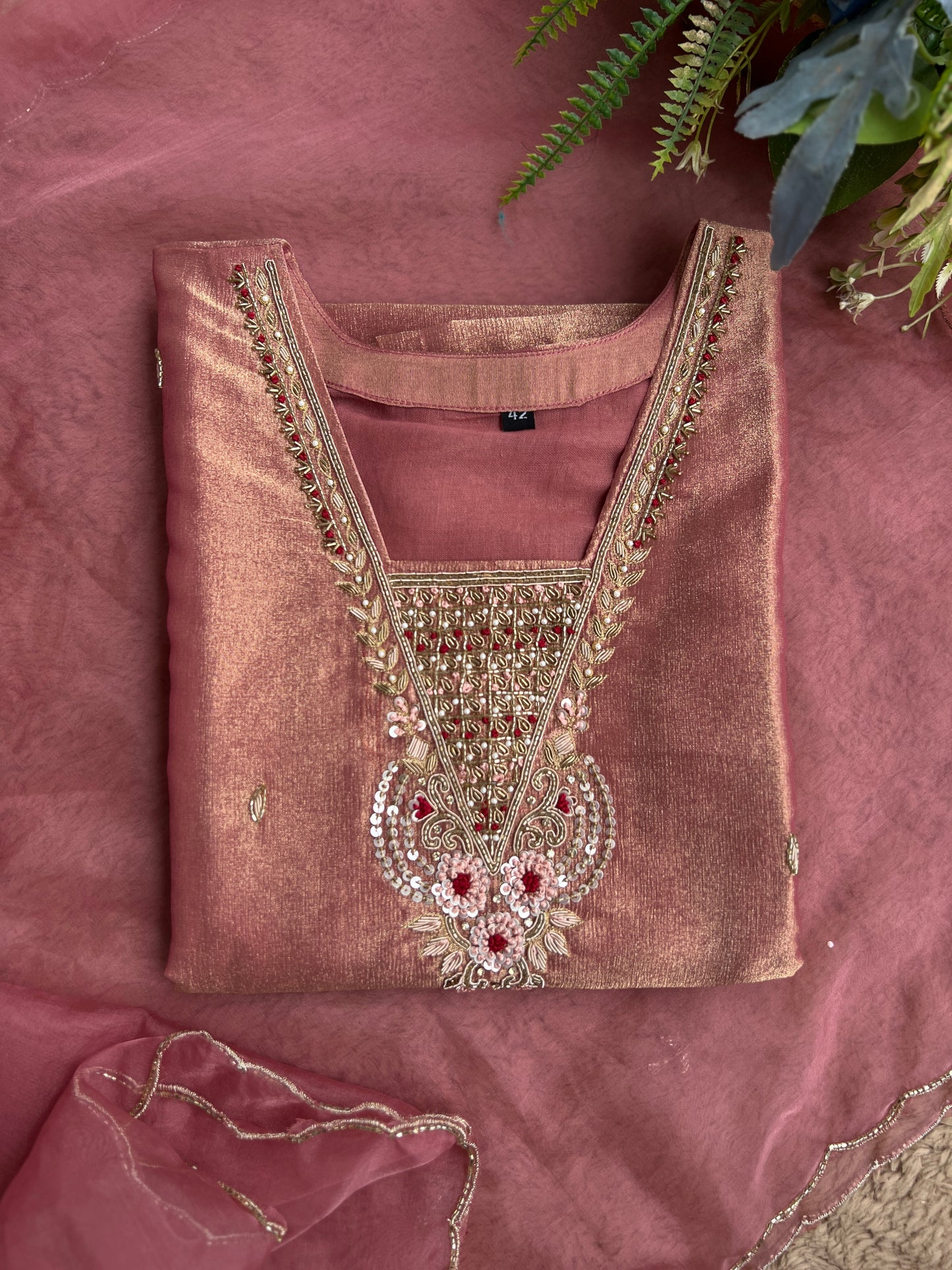 Shimmer Tissue Handworked Salwar Suit with Organza Dupatta – Festive Elegance