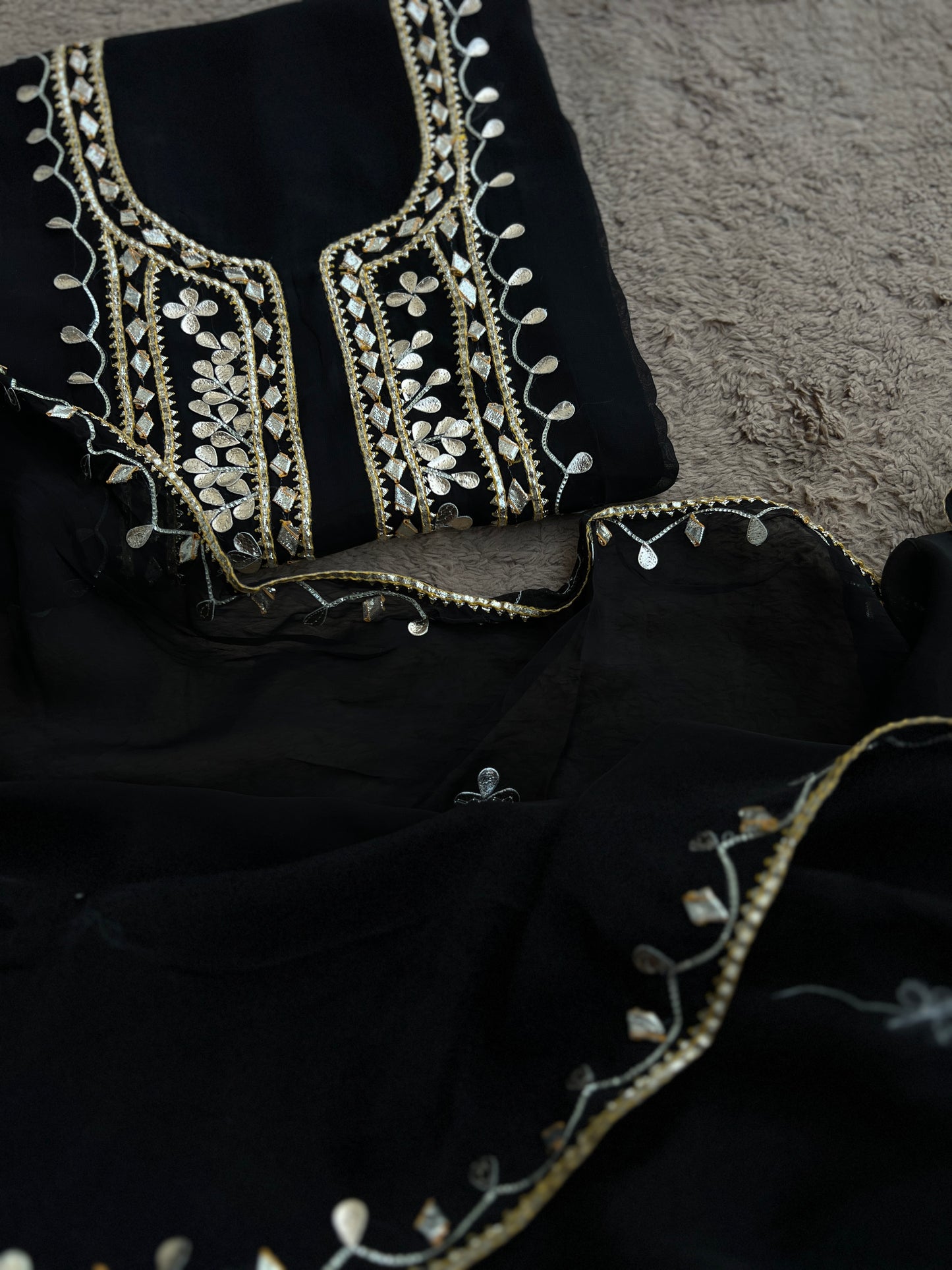 Designer Viscose Organza Ensemble with Heavy Gota Patti Embellished Neckline