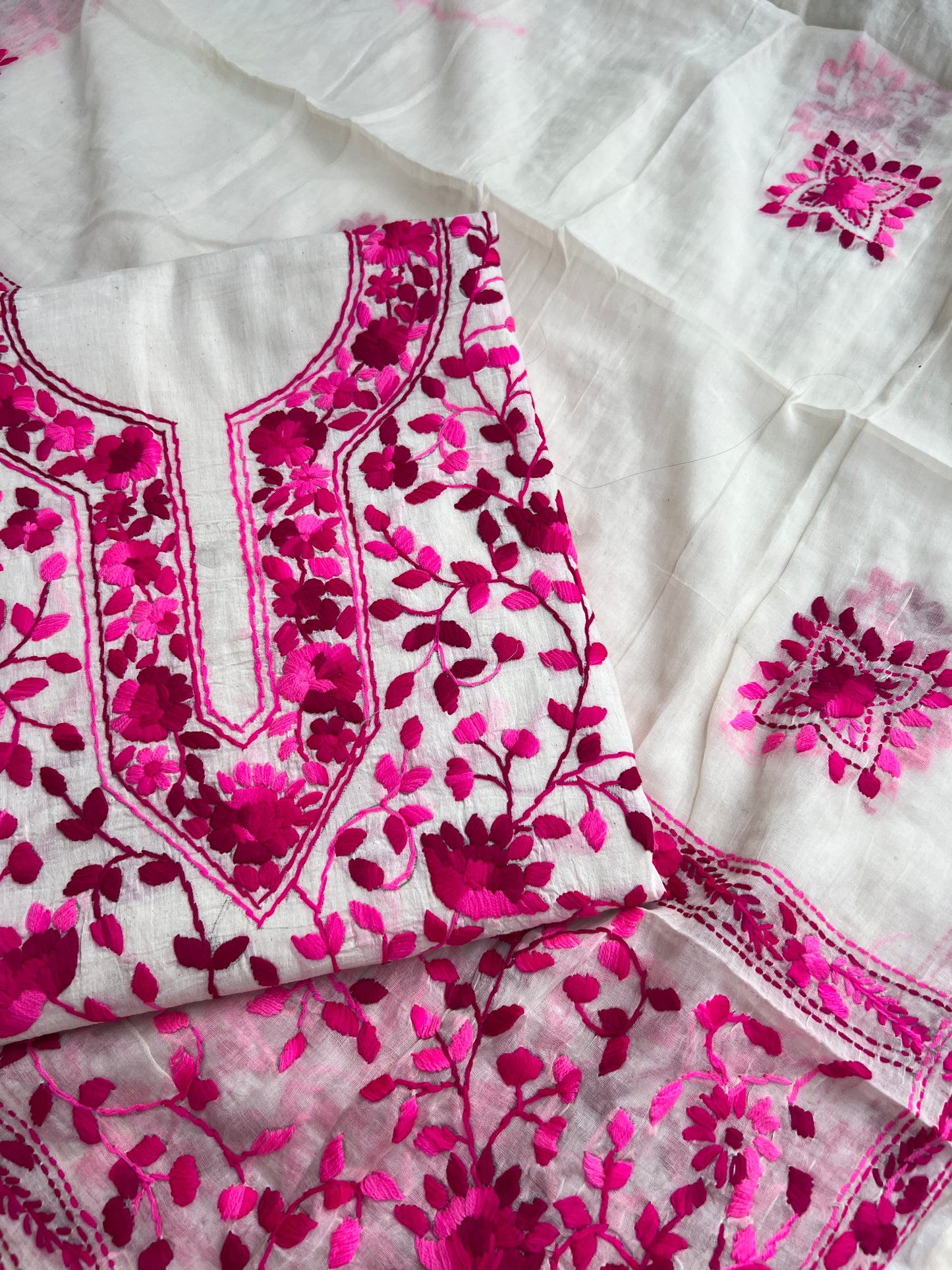 Ivory and Fuchsia Pink Floral Hand-Embroidered Suit Set