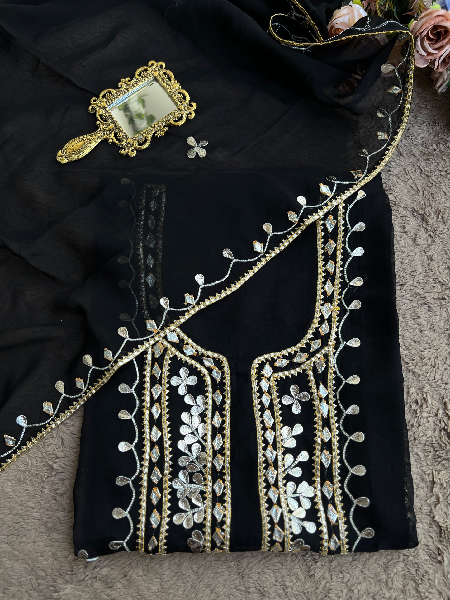 Designer Viscose Organza Ensemble with Heavy Gota Patti Embellished Neckline