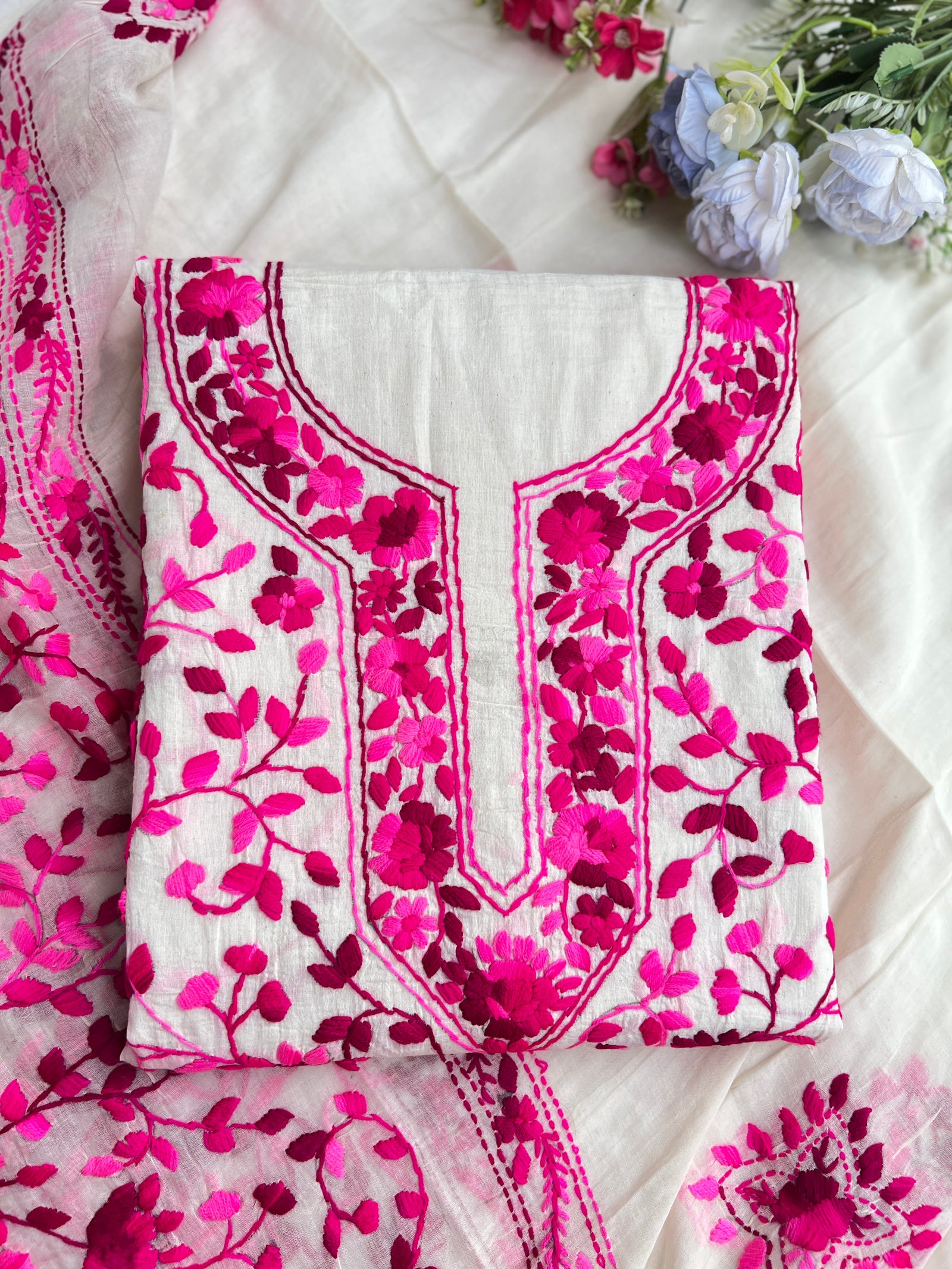 Ivory and Fuchsia Pink Floral Hand-Embroidered Suit Set