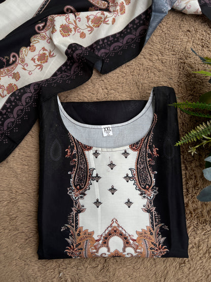 Black Karachi Print Maslin Suit with Dupatta – Timeless Ethnic Charm