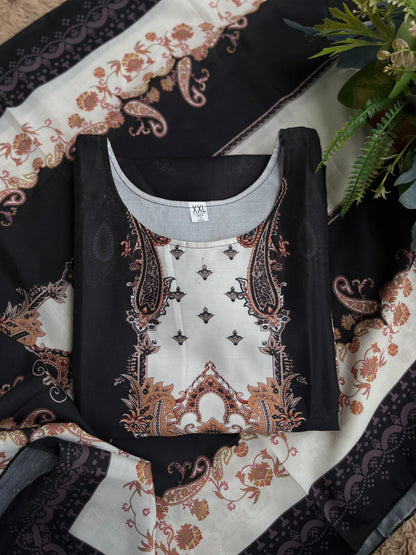 Black Karachi Print Maslin Suit with Dupatta – Timeless Ethnic Charm