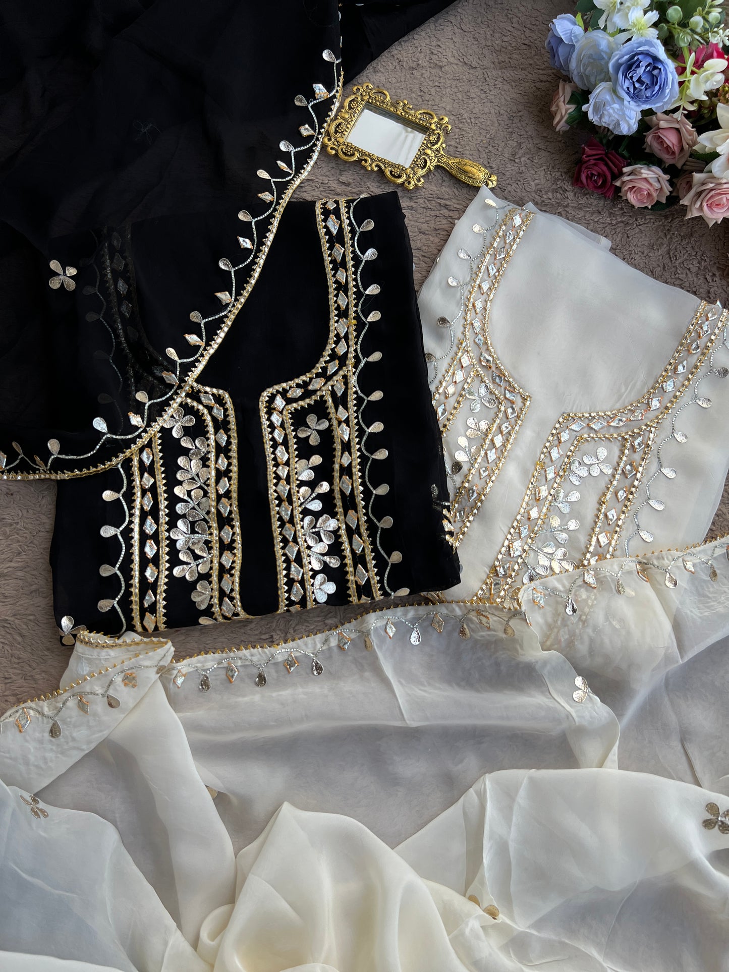 Designer Viscose Organza Ensemble with Heavy Gota Patti Embellished Neckline