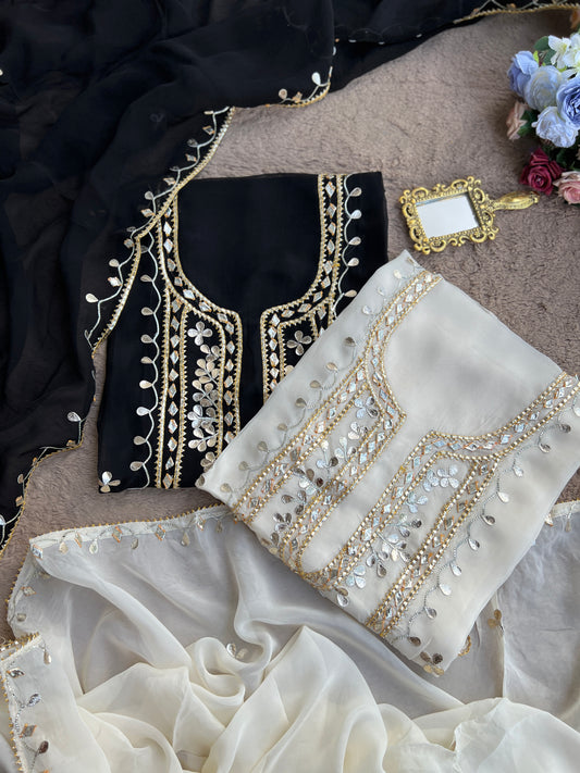 Designer Viscose Organza Ensemble with Heavy Gota Patti Embellished Neckline