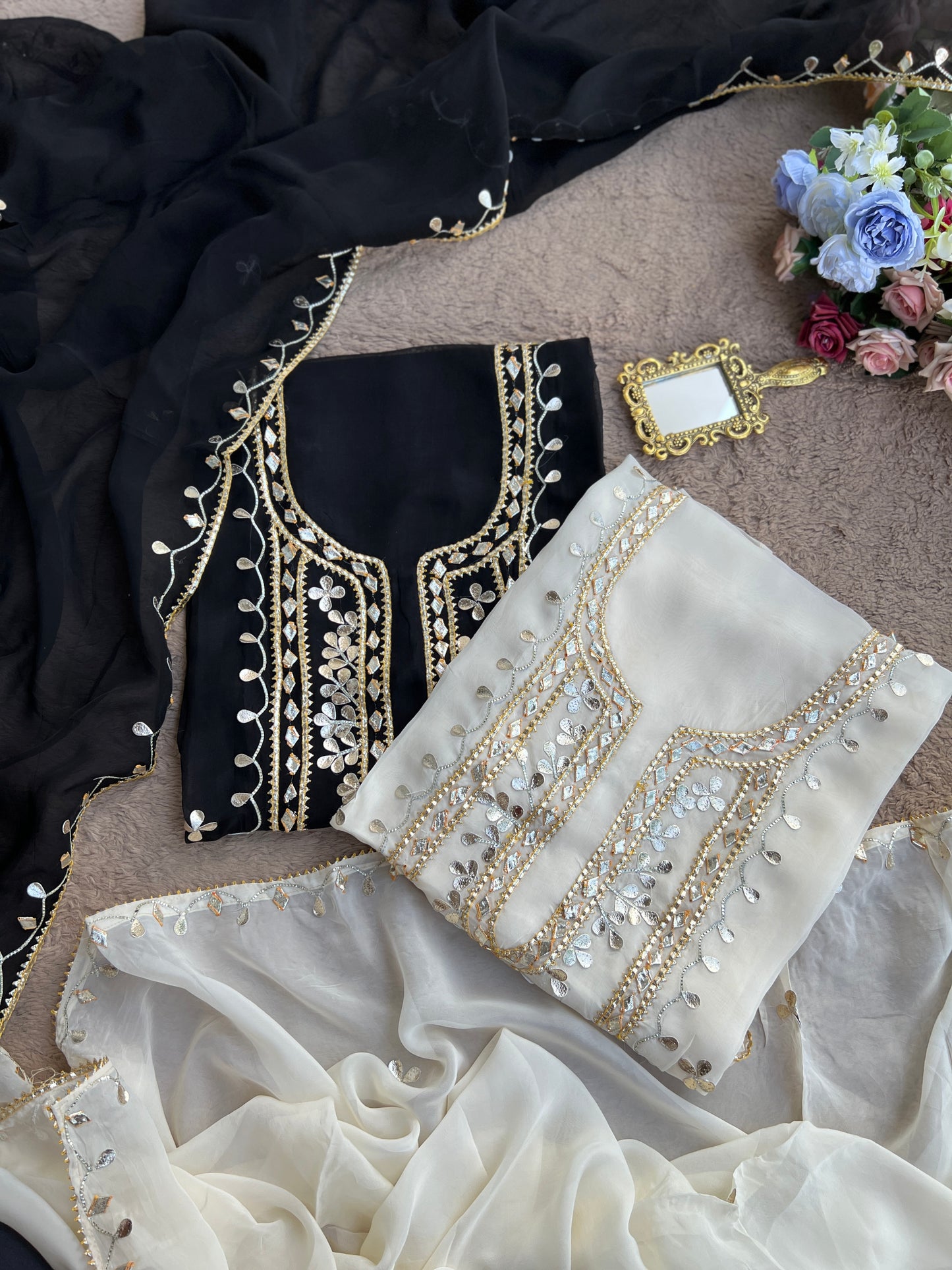 Designer Viscose Organza Ensemble with Heavy Gota Patti Embellished Neckline