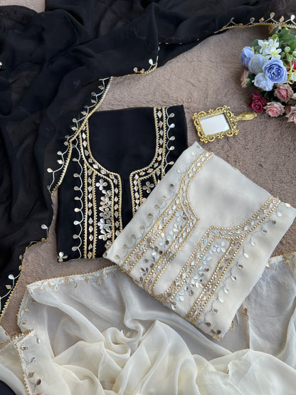 Designer Viscose Organza Ensemble with Heavy Gota Patti Embellished Neckline