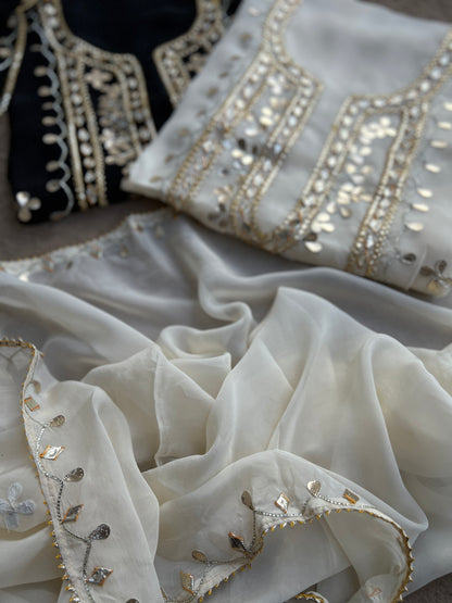 Designer Viscose Organza Ensemble with Heavy Gota Patti Embellished Neckline