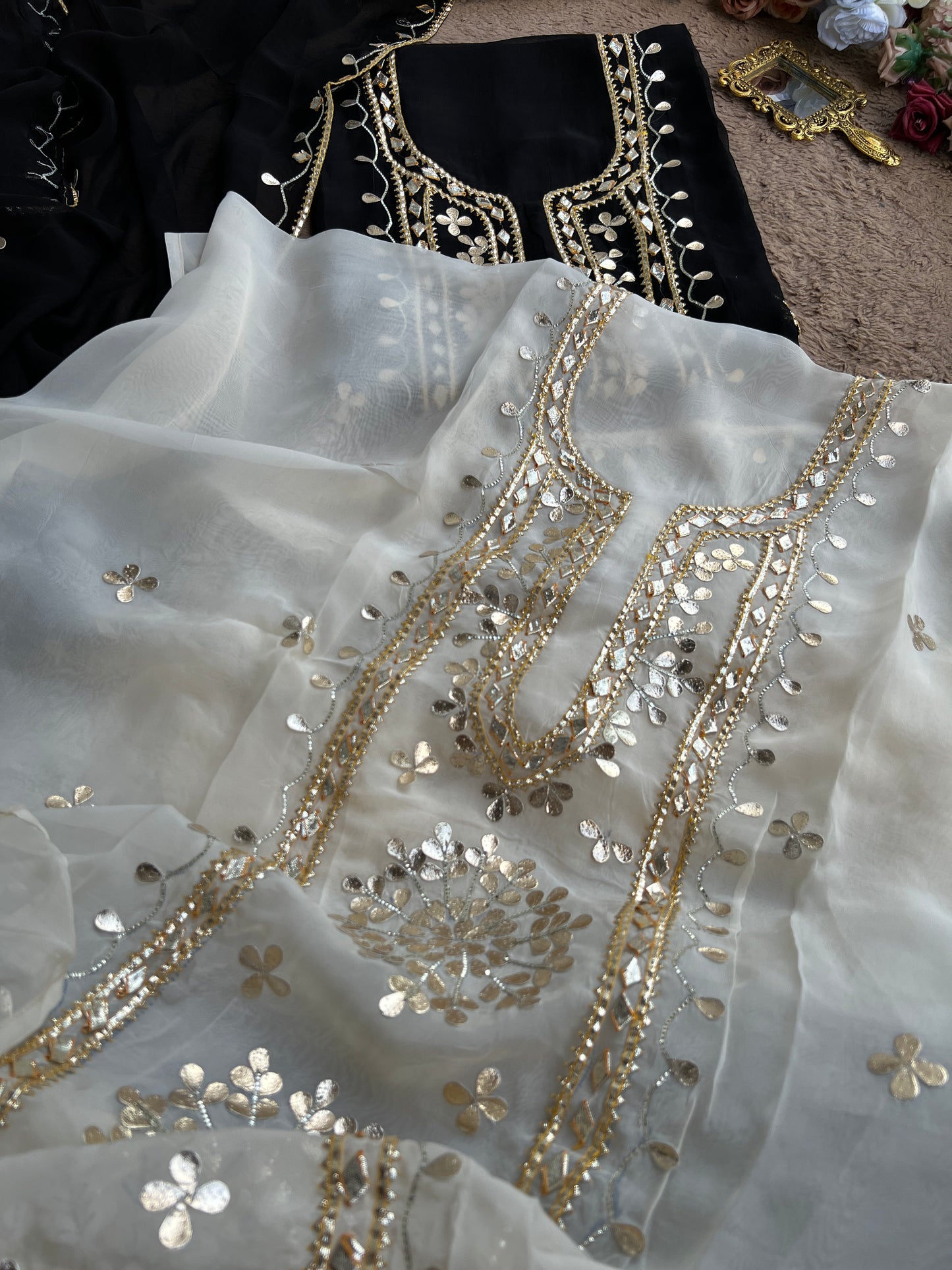 Designer Viscose Organza Ensemble with Heavy Gota Patti Embellished Neckline