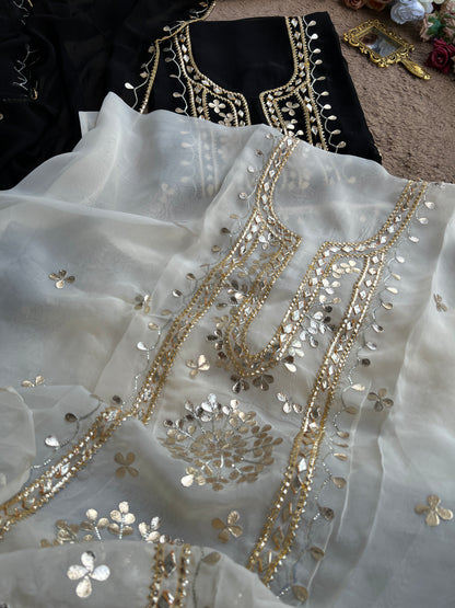 Designer Viscose Organza Ensemble with Heavy Gota Patti Embellished Neckline