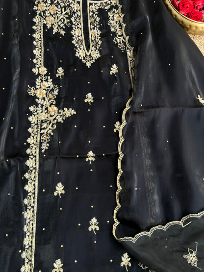 Black Farrukhabadi Dabka & Zari Handwork Unstitched Suit