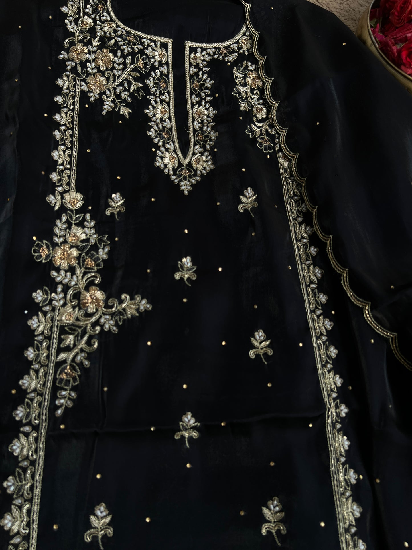 Black Farrukhabadi Dabka & Zari Handwork Unstitched Suit