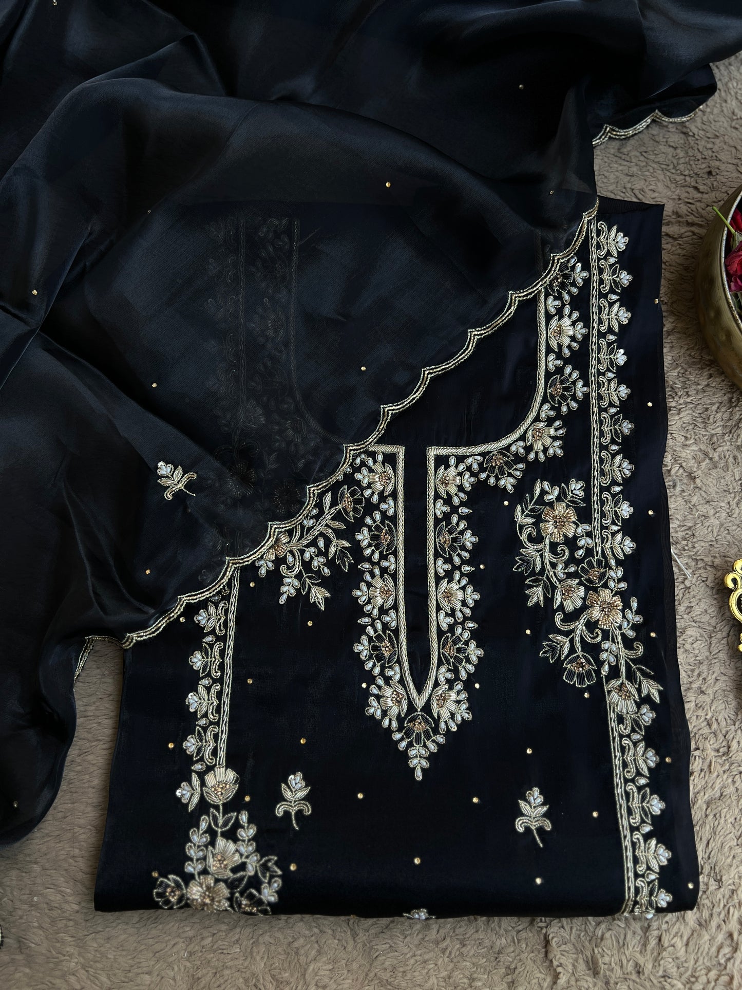 Black Farrukhabadi Dabka & Zari Handwork Unstitched Suit