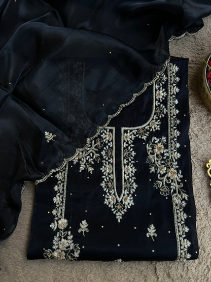 Black Farrukhabadi Dabka & Zari Handwork Unstitched Suit