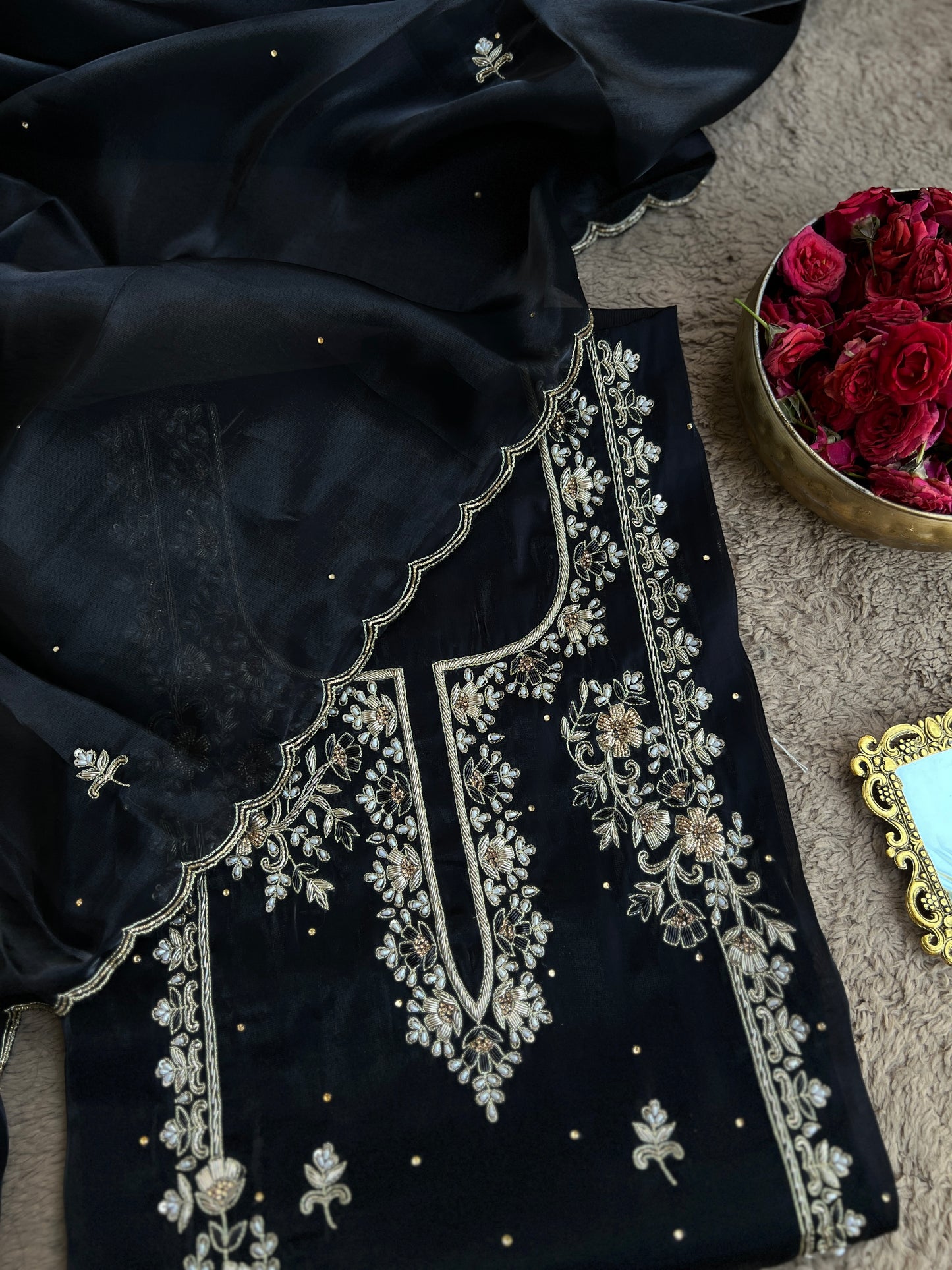 Black Farrukhabadi Dabka & Zari Handwork Unstitched Suit