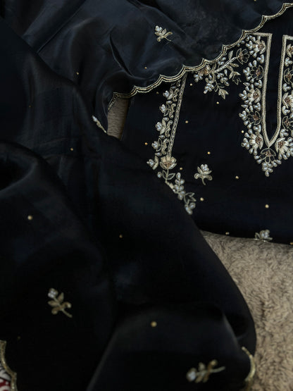 Black Farrukhabadi Dabka & Zari Handwork Unstitched Suit