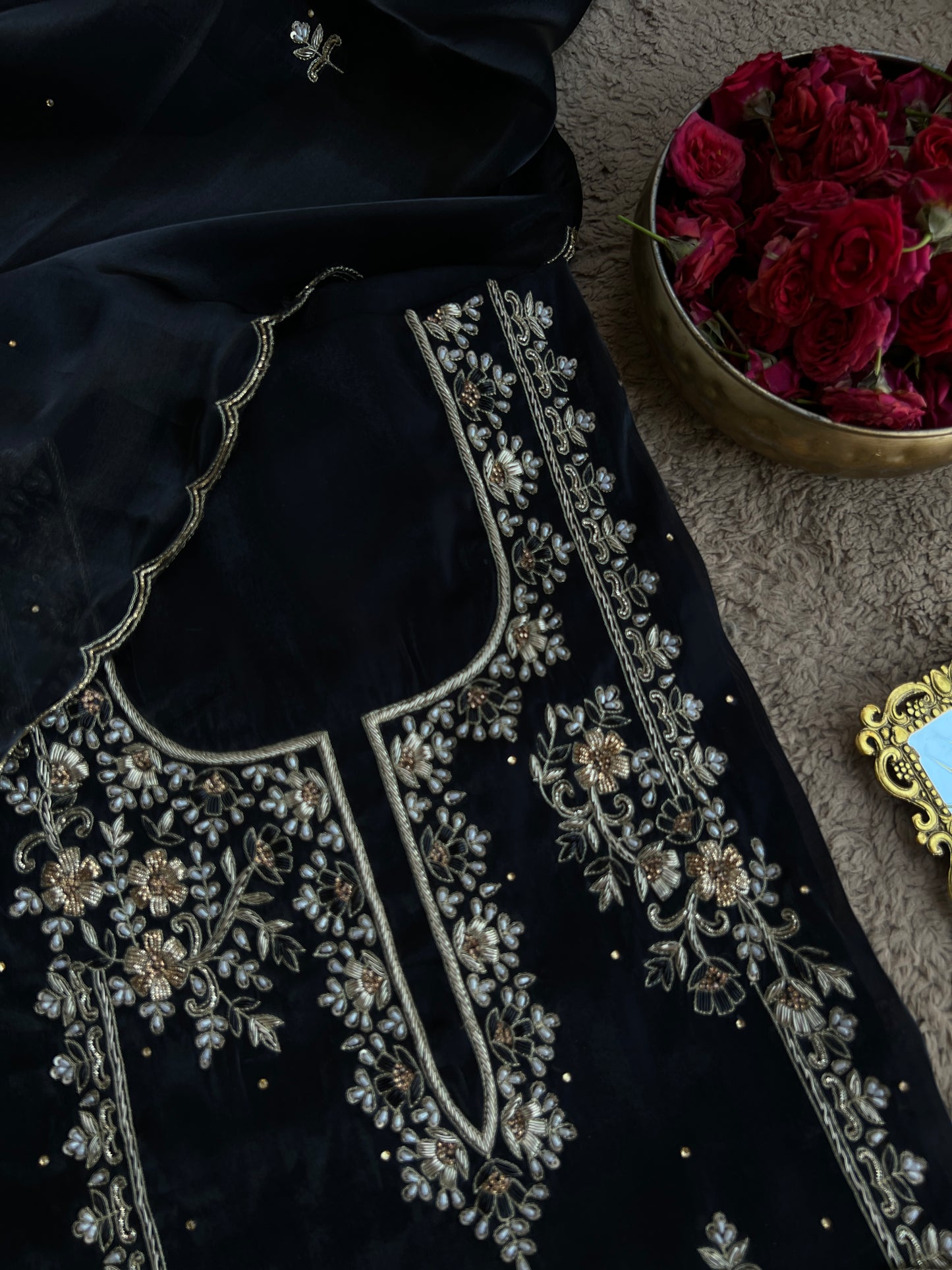 Black Farrukhabadi Dabka & Zari Handwork Unstitched Suit