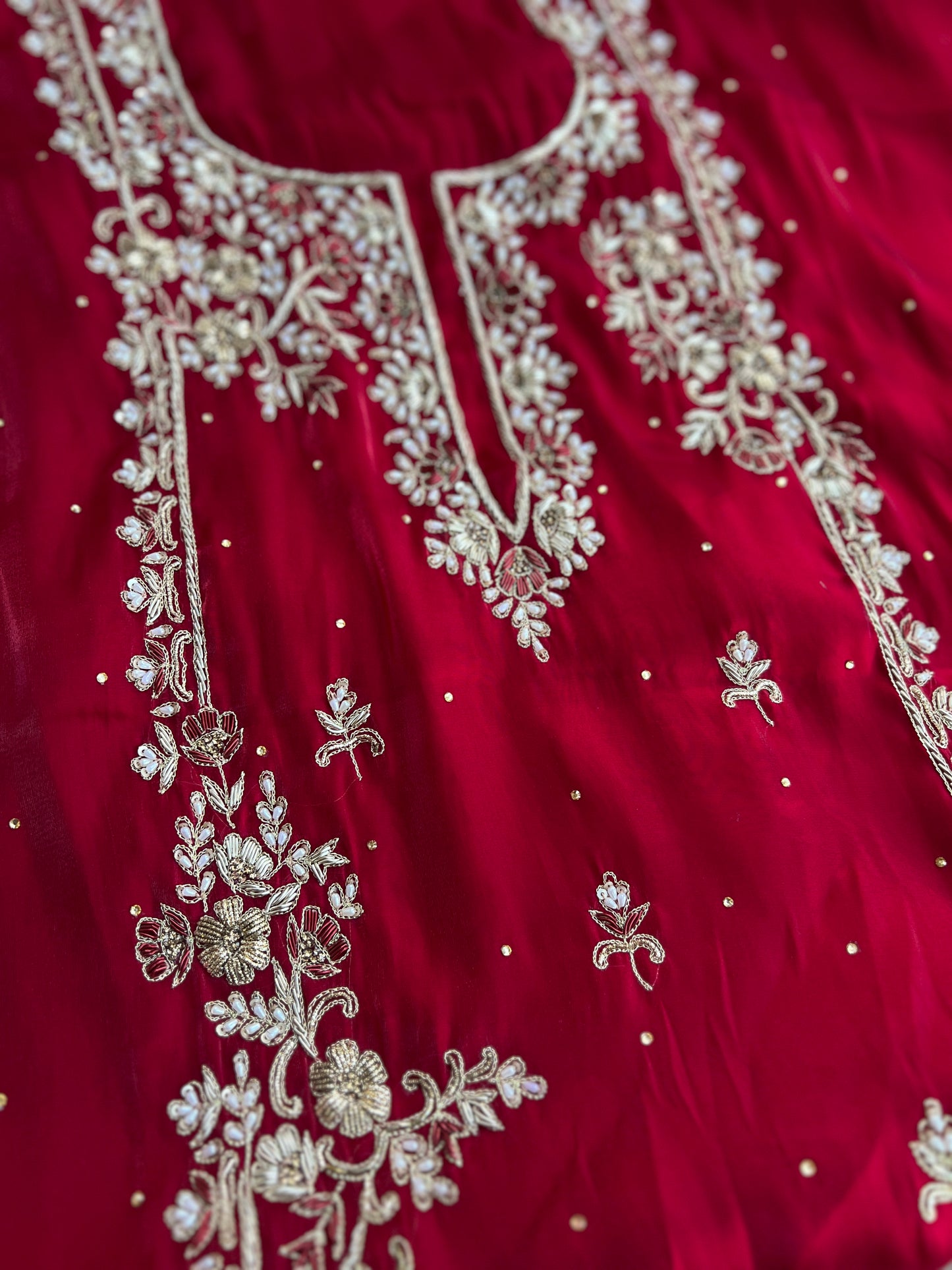 Crimson Red  Farrukhabadi Dabka & Zari Handwork Unstitched Suit