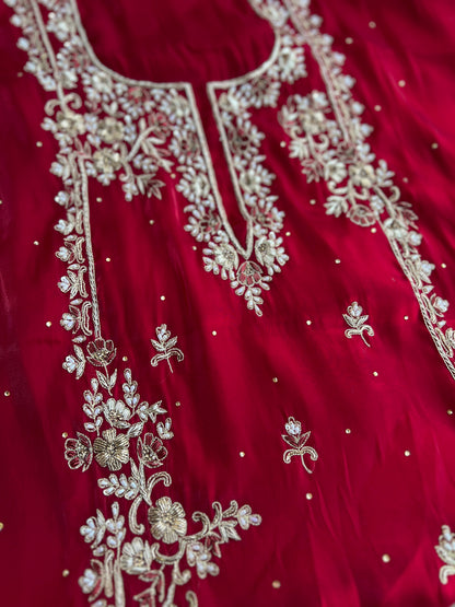 Crimson Red  Farrukhabadi Dabka & Zari Handwork Unstitched Suit