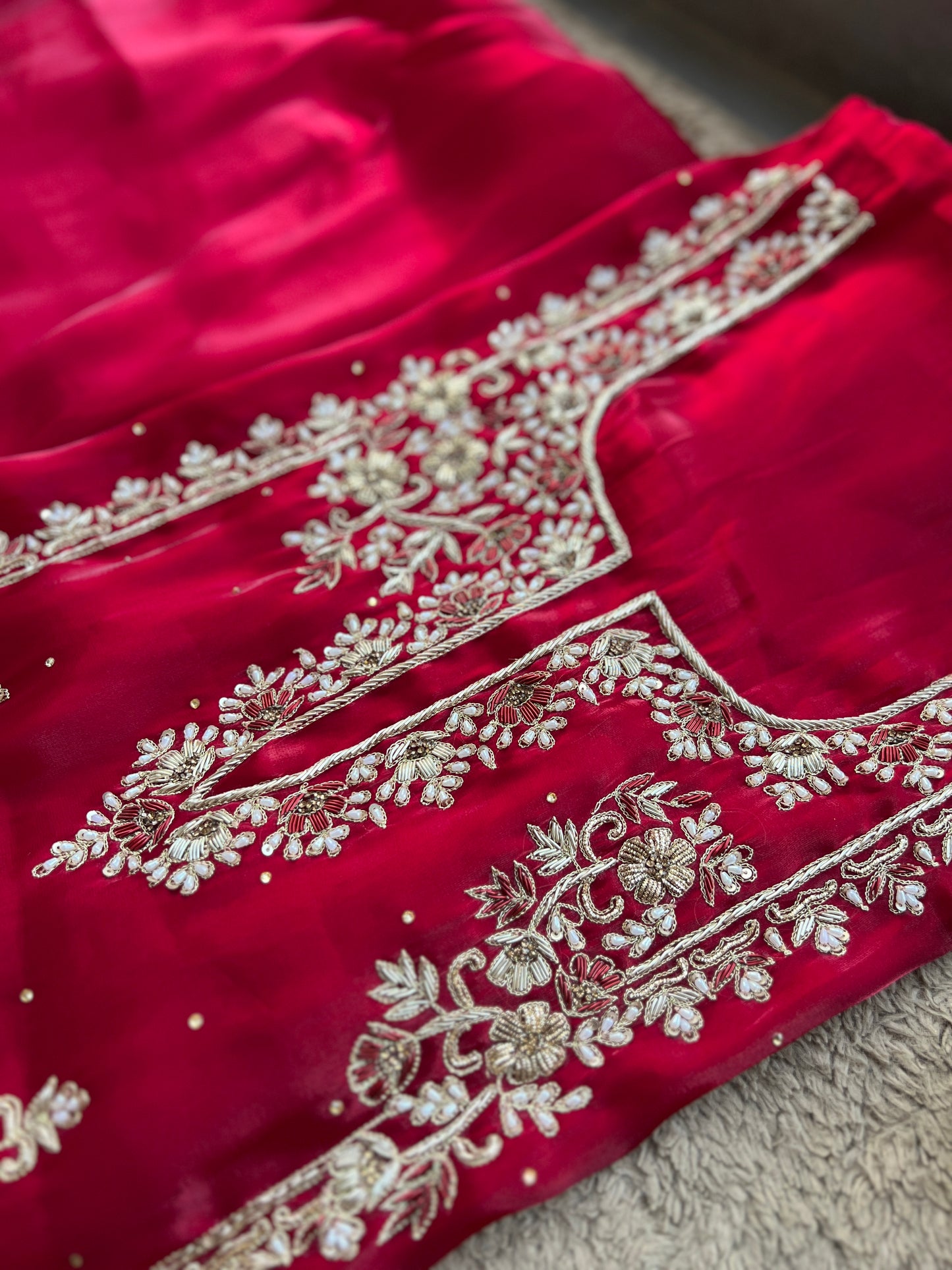 Crimson Red  Farrukhabadi Dabka & Zari Handwork Unstitched Suit