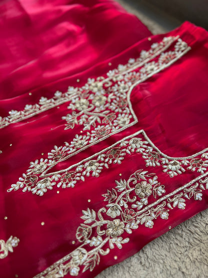 Crimson Red  Farrukhabadi Dabka & Zari Handwork Unstitched Suit