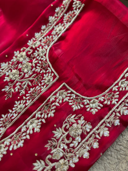Crimson Red  Farrukhabadi Dabka & Zari Handwork Unstitched Suit