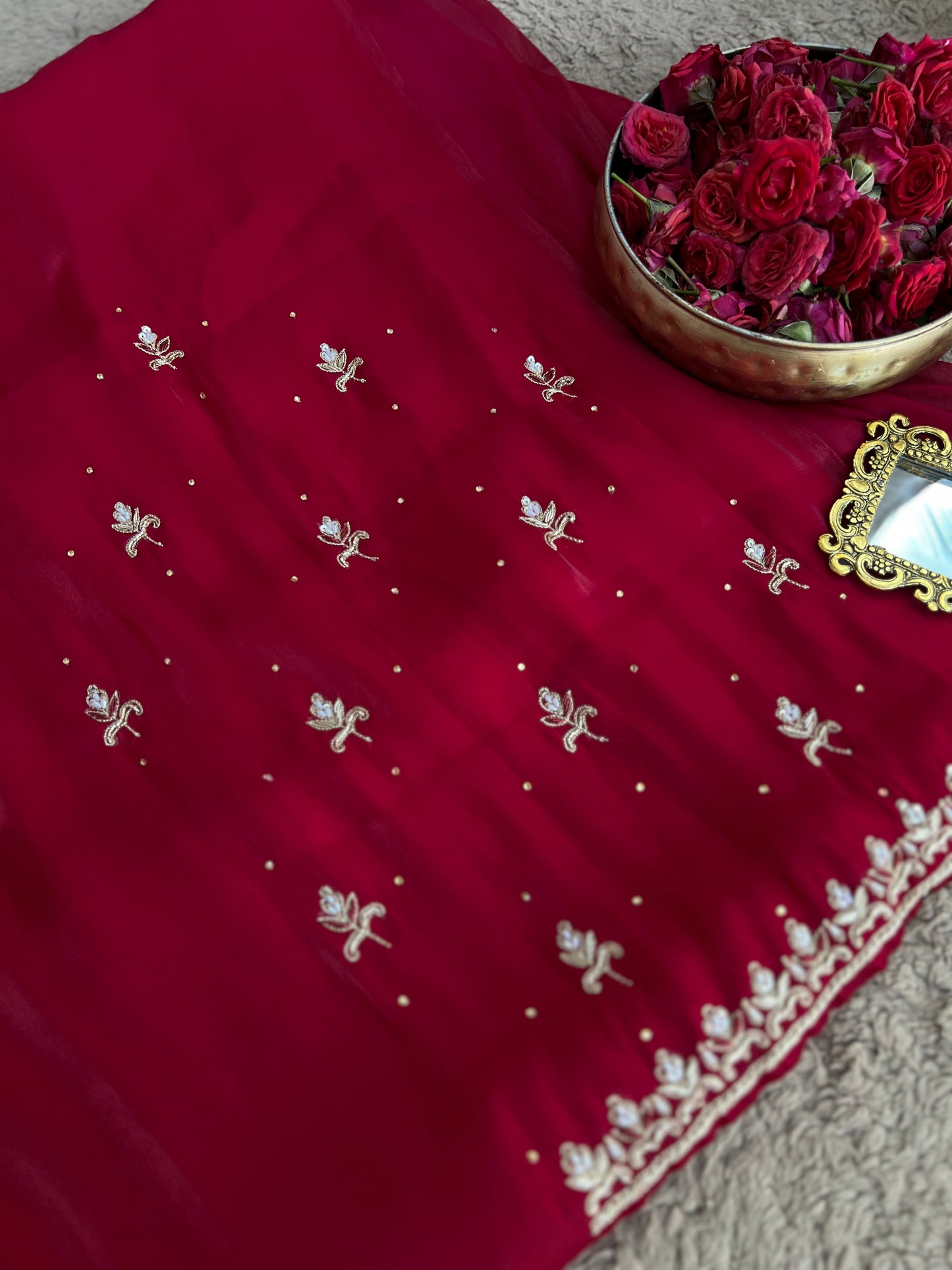 Crimson Red  Farrukhabadi Dabka & Zari Handwork Unstitched Suit