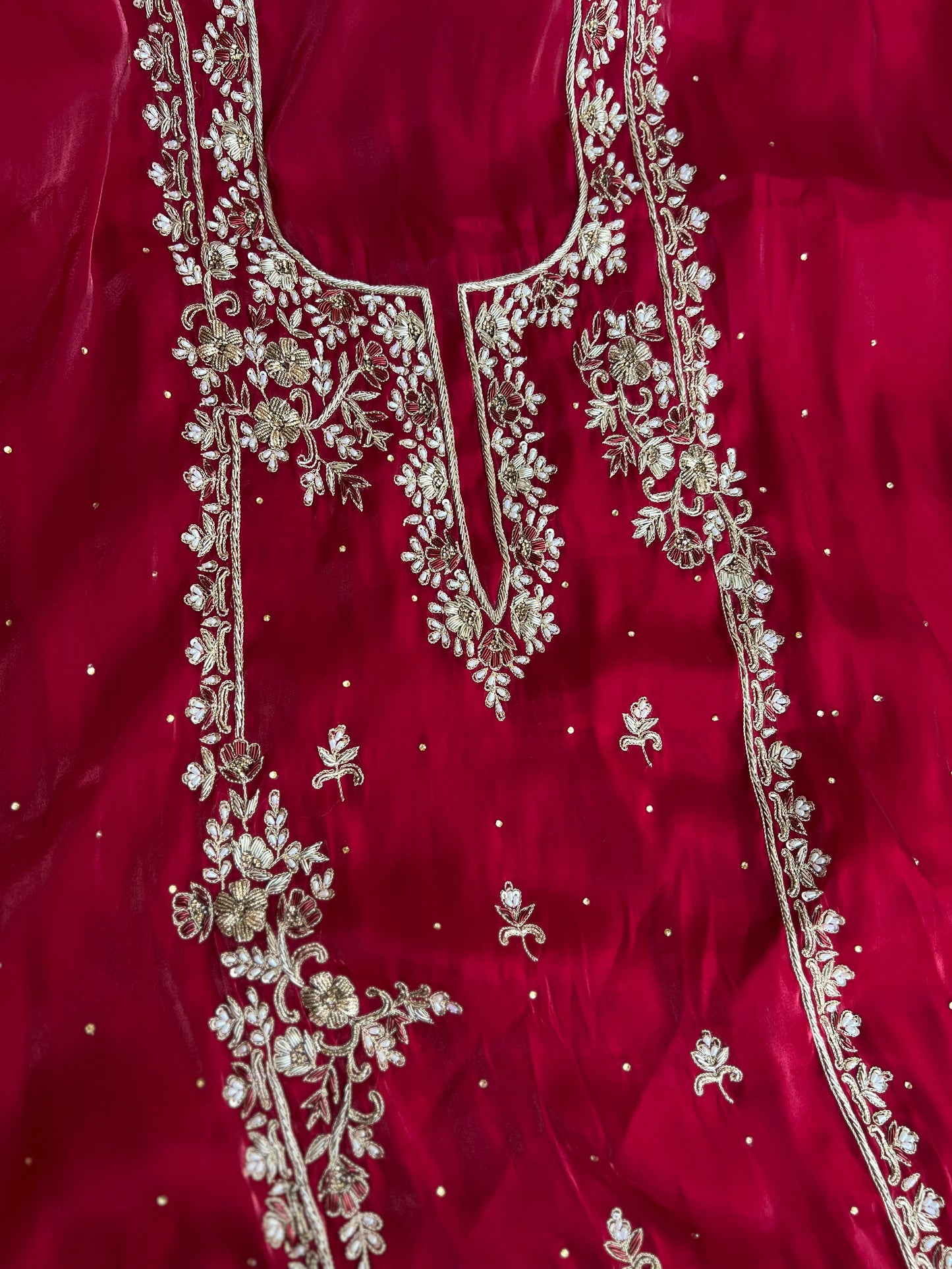 Crimson Red  Farrukhabadi Dabka & Zari Handwork Unstitched Suit