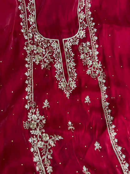 Crimson Red  Farrukhabadi Dabka & Zari Handwork Unstitched Suit