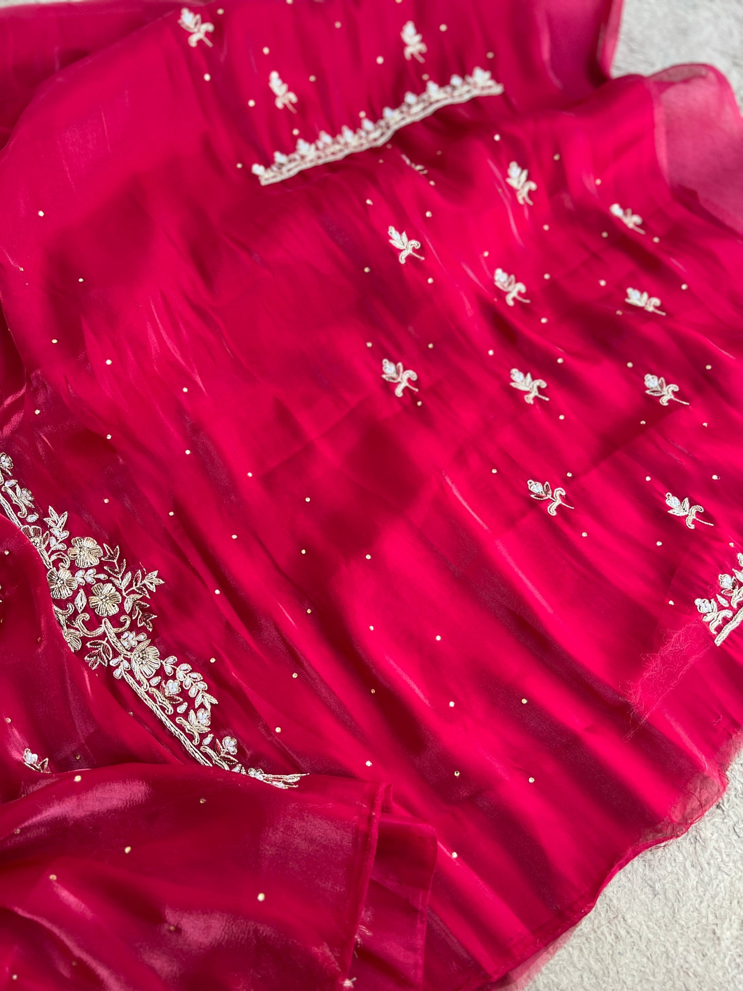 Crimson Red  Farrukhabadi Dabka & Zari Handwork Unstitched Suit