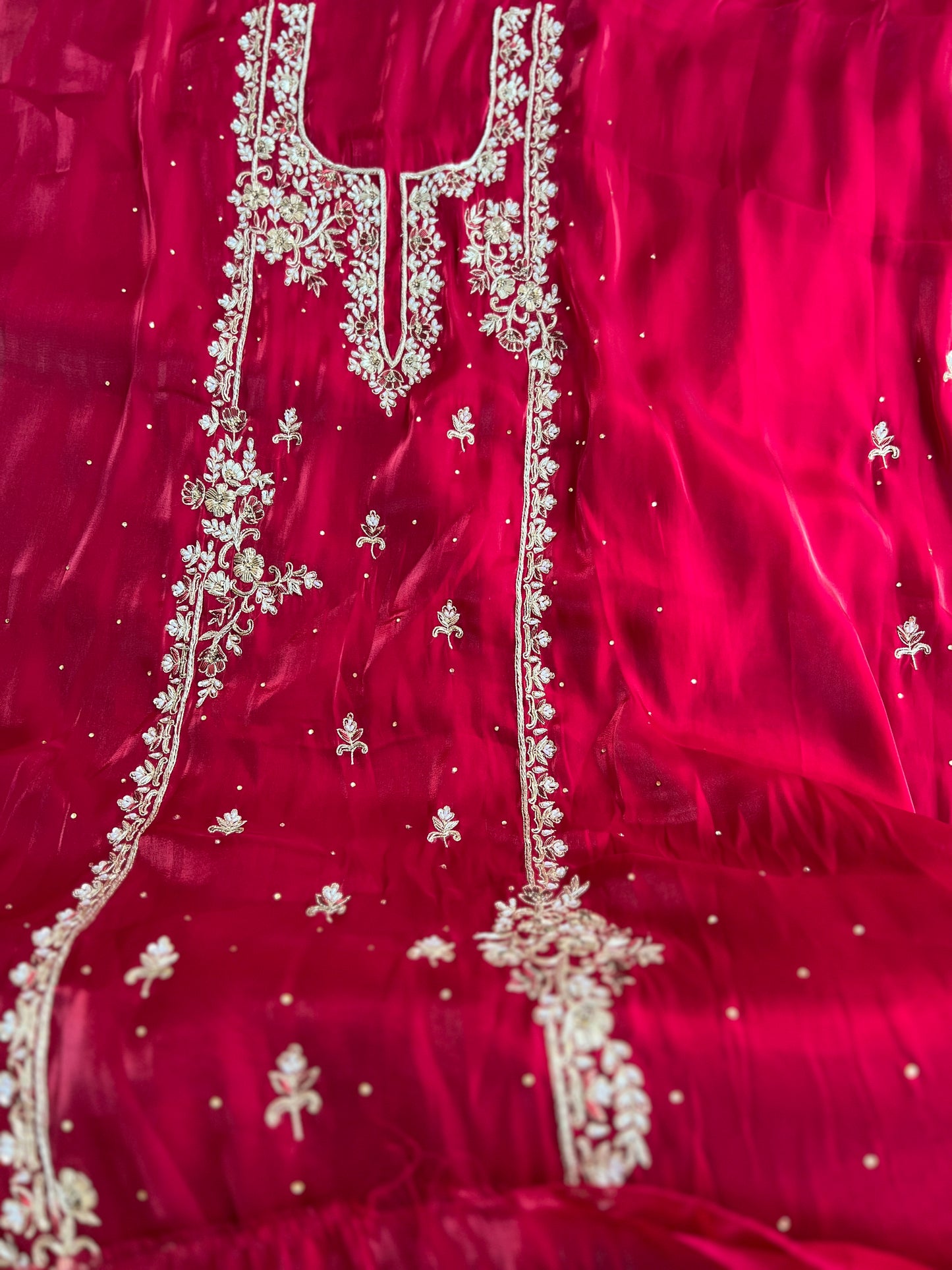 Crimson Red  Farrukhabadi Dabka & Zari Handwork Unstitched Suit