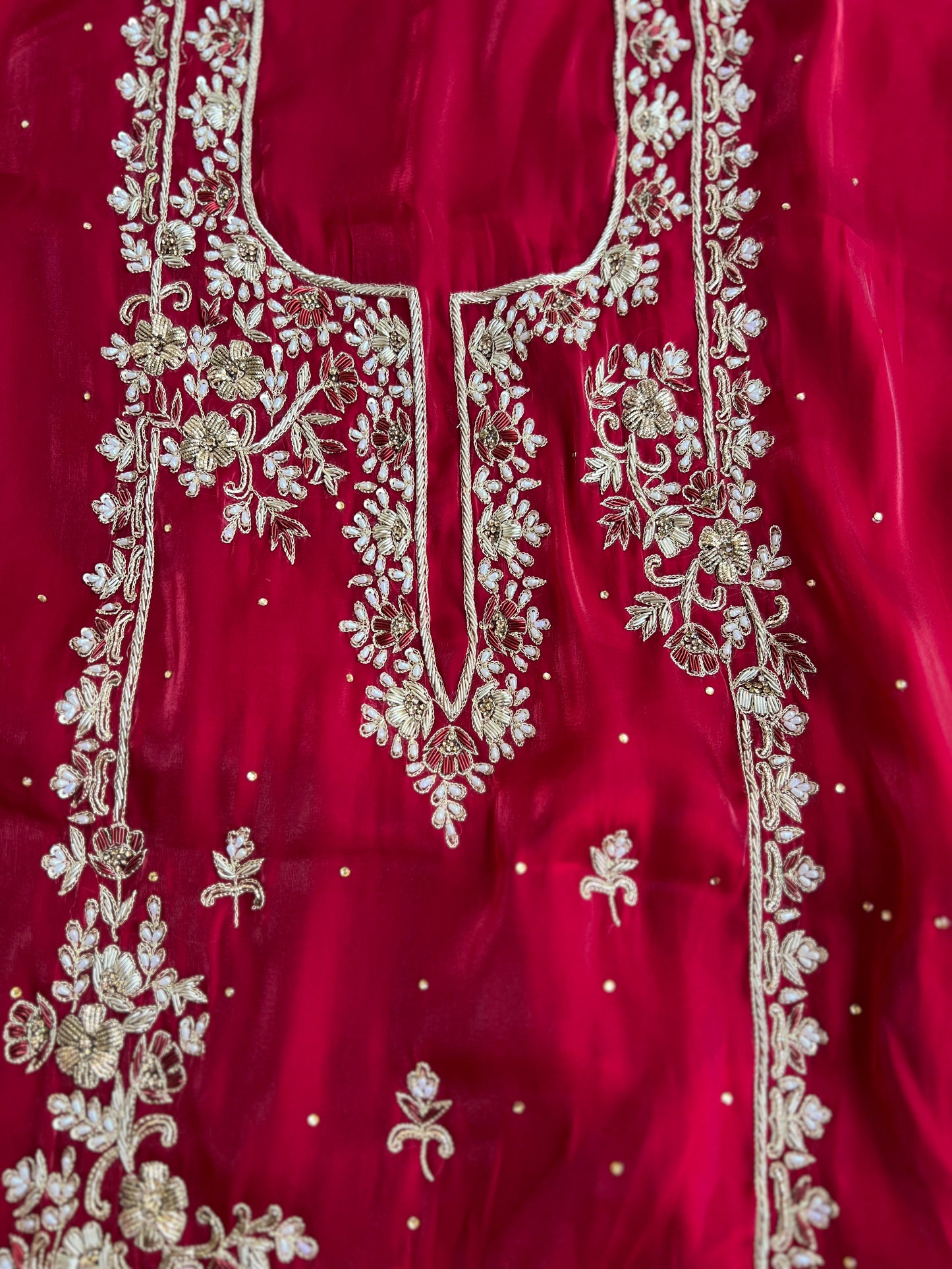 Crimson Red  Farrukhabadi Dabka & Zari Handwork Unstitched Suit
