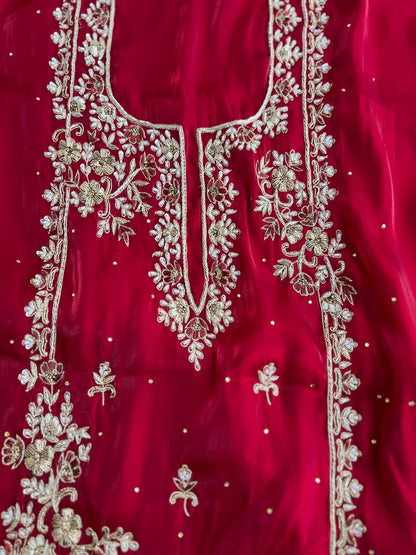 Crimson Red  Farrukhabadi Dabka & Zari Handwork Unstitched Suit