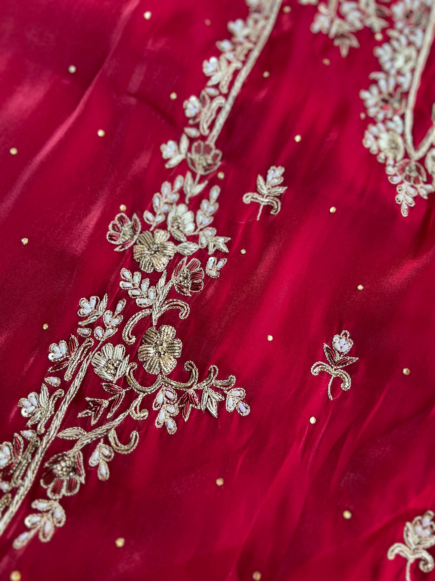 Crimson Red  Farrukhabadi Dabka & Zari Handwork Unstitched Suit