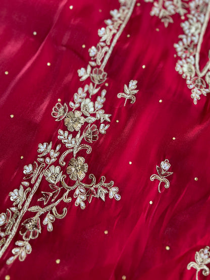 Crimson Red  Farrukhabadi Dabka & Zari Handwork Unstitched Suit