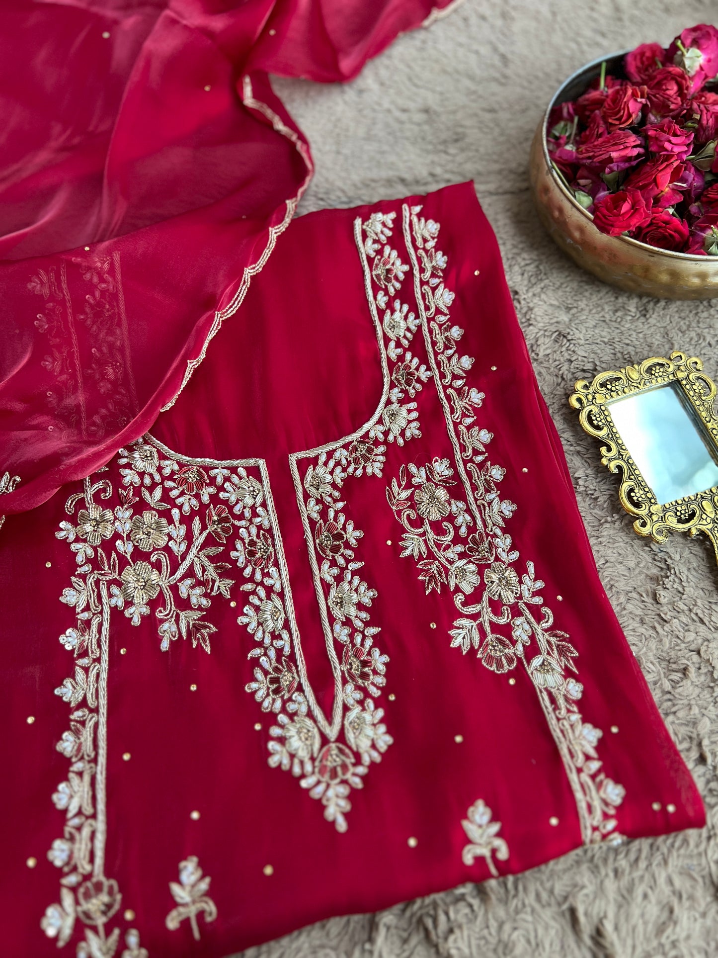 Crimson Red  Farrukhabadi Dabka & Zari Handwork Unstitched Suit