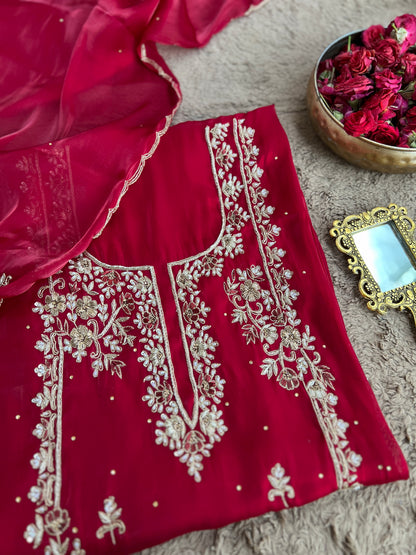 Crimson Red  Farrukhabadi Dabka & Zari Handwork Unstitched Suit