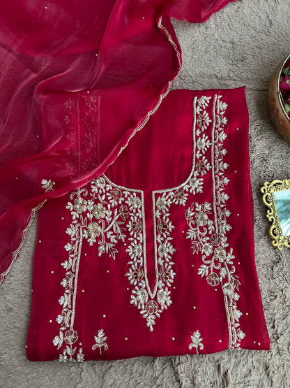 Crimson Red  Farrukhabadi Dabka & Zari Handwork Unstitched Suit