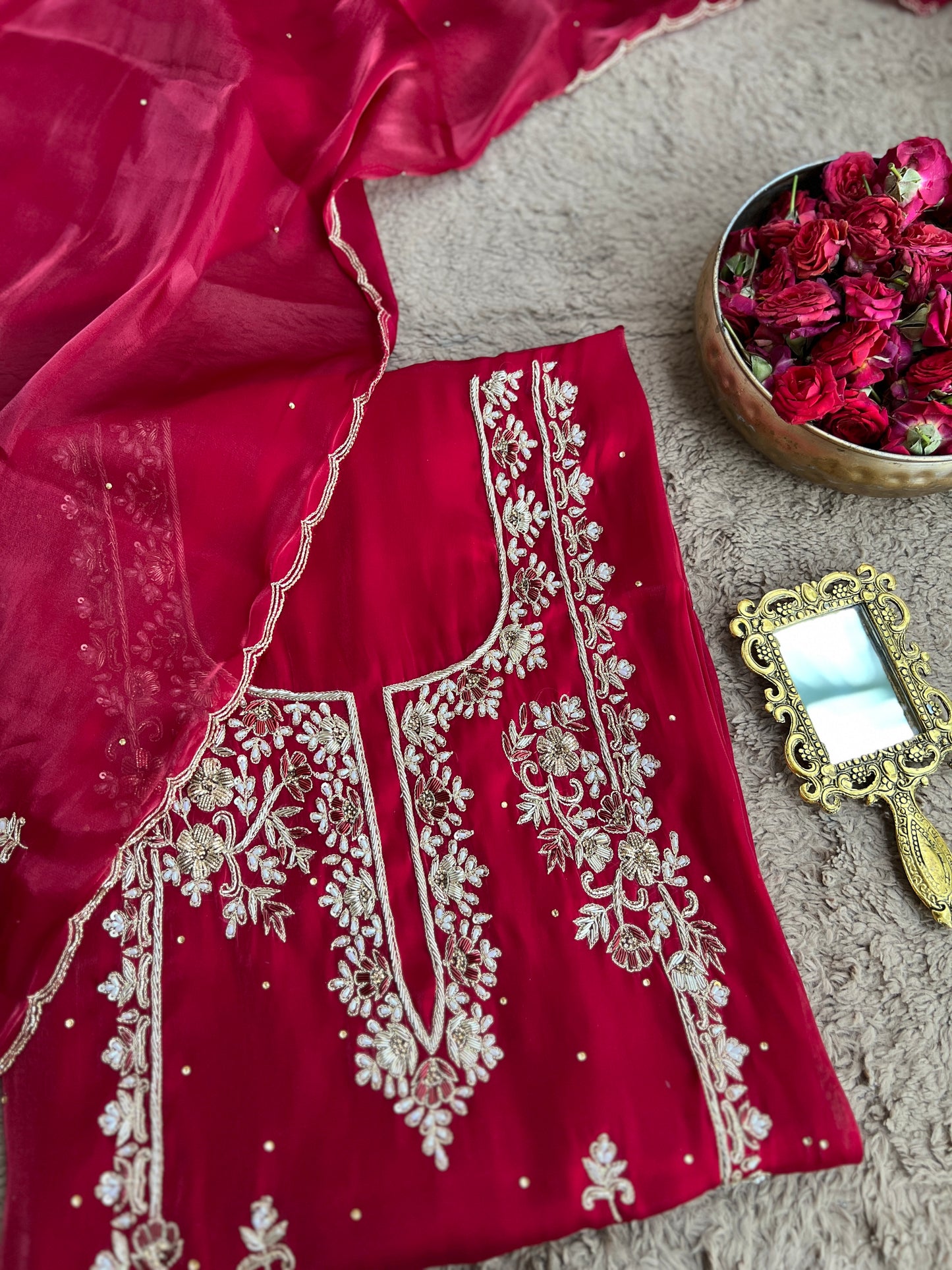 Crimson Red  Farrukhabadi Dabka & Zari Handwork Unstitched Suit